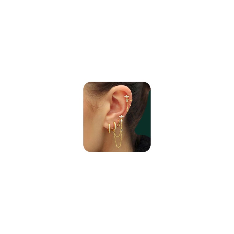 ShineRose 6PCS Earring Stacks Cartilage Chain Helix Piercing Sets For Women Flat Back Multiple Piercing Dangle Huggie Hoop Stackable Jewelry (White, Gold) - Image 1