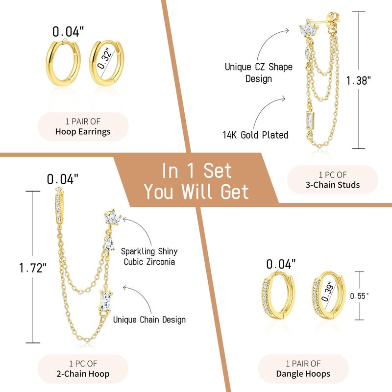 ShineRose 6PCS Earring Stacks Cartilage Chain Helix Piercing Sets For Women Flat Back Multiple Piercing Dangle Huggie Hoop Stackable Jewelry (White, Gold) - Image 2