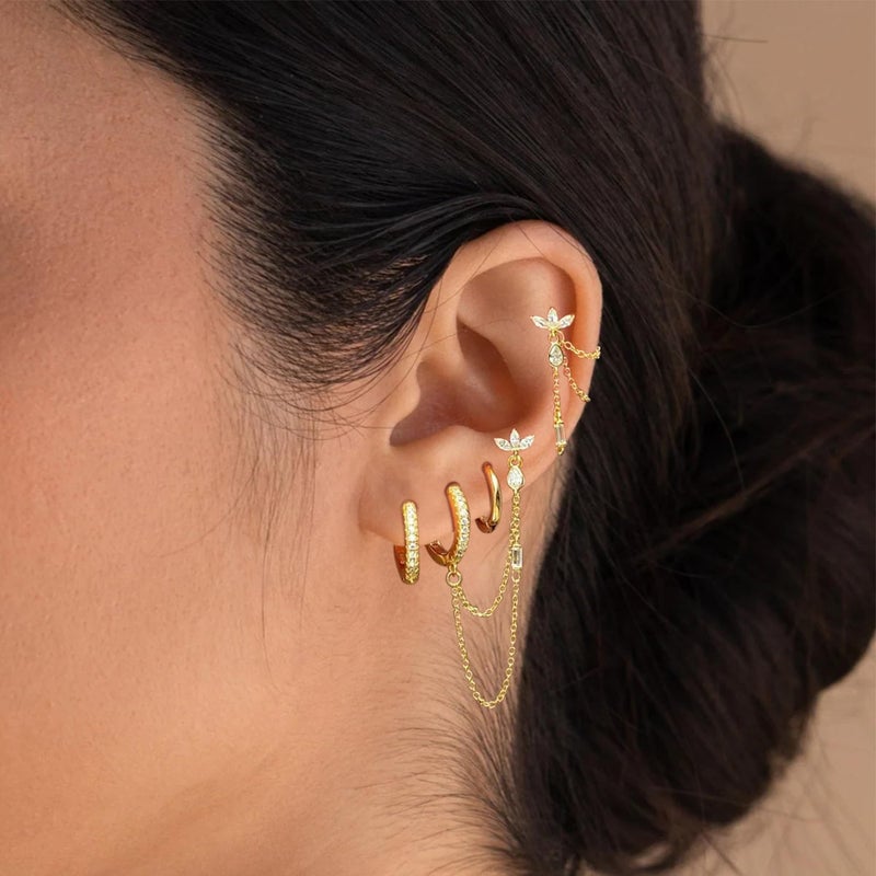 ShineRose 6PCS Earring Stacks Cartilage Chain Helix Piercing Sets For Women Flat Back Multiple Piercing Dangle Huggie Hoop Stackable Jewelry (White, Gold) - Image 5