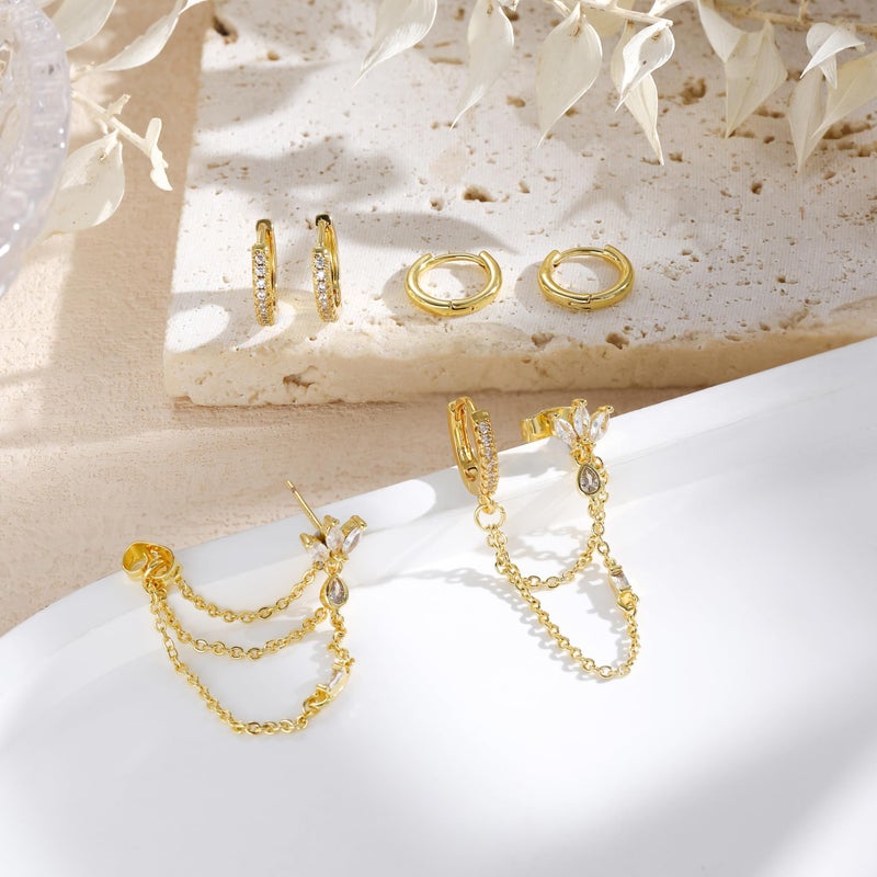 ShineRose 6PCS Earring Stacks Cartilage Chain Helix Piercing Sets For Women Flat Back Multiple Piercing Dangle Huggie Hoop Stackable Jewelry (White, Gold) - Image 3
