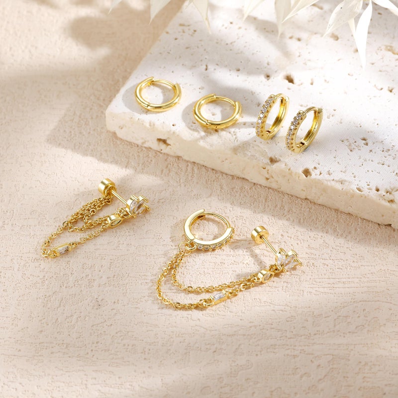 ShineRose 6PCS Earring Stacks Cartilage Chain Helix Piercing Sets For Women Flat Back Multiple Piercing Dangle Huggie Hoop Stackable Jewelry (White, Gold) - Image 4