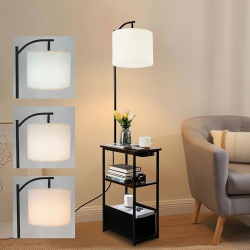 Qupui Floor Lamp with Table, Narrow Side Table with Fabric Basket, USB-A/USB-C Charging Station and AC Port, 3 Color Temperatures 12W LED Bulb, End Table for Bedroom, Living Room and Home Office, Brown - Image 1
