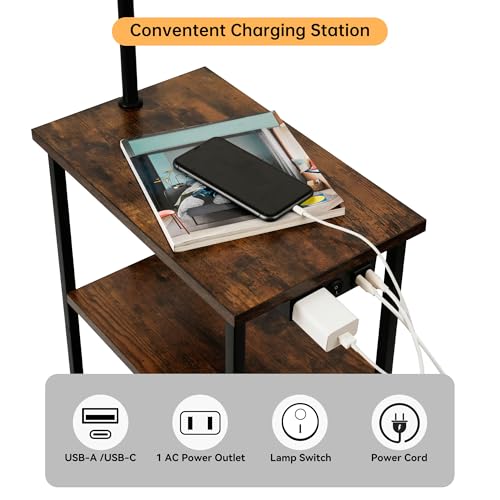 Qupui Floor Lamp with Table, Narrow Side Table with Fabric Basket, USB-A/USB-C Charging Station and AC Port, 3 Color Temperatures 12W LED Bulb, End Table for Bedroom, Living Room and Home Office, Brown - Image 2