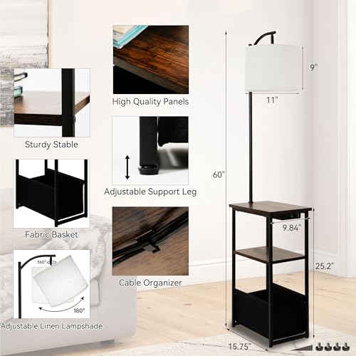 Qupui Floor Lamp with Table, Narrow Side Table with Fabric Basket, USB-A/USB-C Charging Station and AC Port, 3 Color Temperatures 12W LED Bulb, End Table for Bedroom, Living Room and Home Office, Brown - Image 3