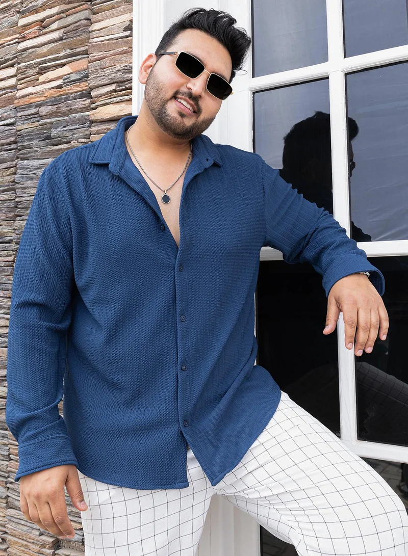 Instafab Plus Instafab Plus Men's Aegean Blue Chevron-Panel Tactile Shirt For Casual Wear | Spread Collar | Long Cuffed Sleeves | Button Closure | Plus Size Shirt Crafted With Comfort Fit For Everyday Wear