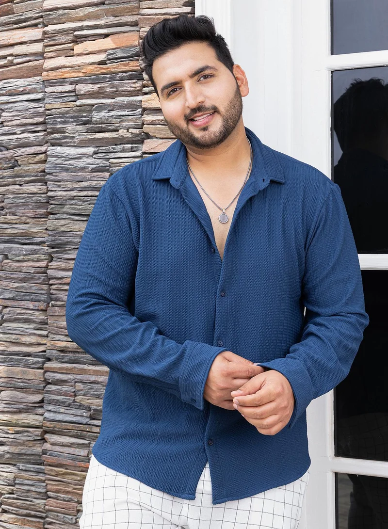 Instafab Plus Instafab Plus Men's Aegean Blue Chevron-Panel Tactile Shirt For Casual Wear | Spread Collar | Long Cuffed Sleeves | Button Closure | Plus Size Shirt Crafted With Comfort Fit For Everyday Wear