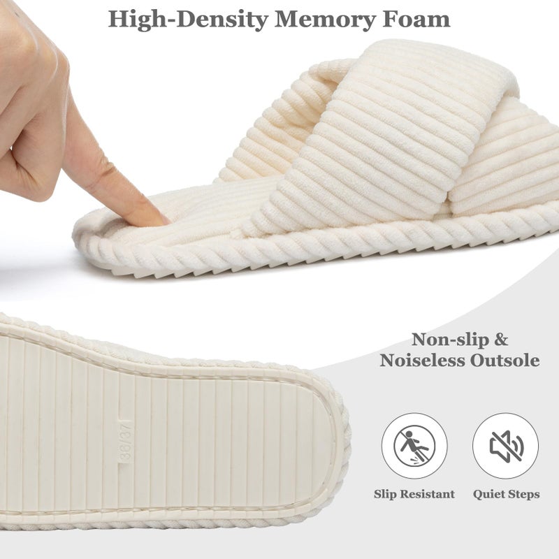 GOEWY House Slippers for Women Fuzzy Womens Slippers Indoor Outdoor Open Toe With Cross Band Corduroy Memory Foam Warm Gifts for Woman Size 9 10 Beige - Image 5