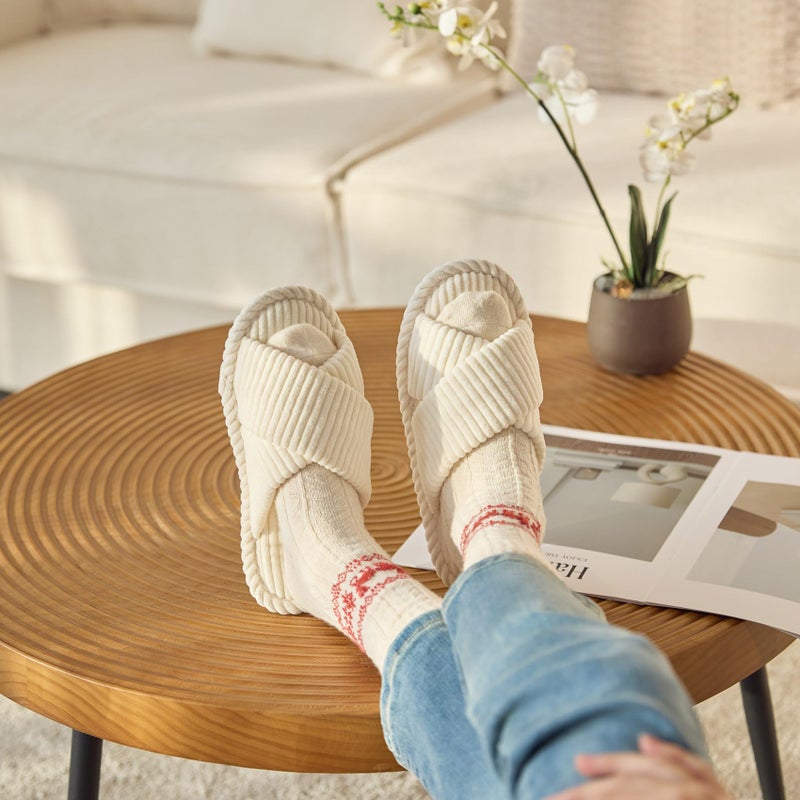 GOEWY House Slippers for Women Fuzzy Womens Slippers Indoor Outdoor Open Toe With Cross Band Corduroy Memory Foam Warm Gifts for Woman Size 9 10 Beige - Image 2