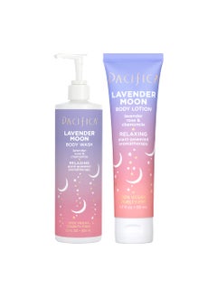 Pacifica Beauty Lavender Moon Body Wash with Pump and Body Lotion Set, Moisturizing, Hydrating, Aloe, Hyaluronic Acid, Rose, Chamomile, Relaxing, Aromatherapy, Vegan, 12 fl oz and 1.7 fl oz (Set of 2)