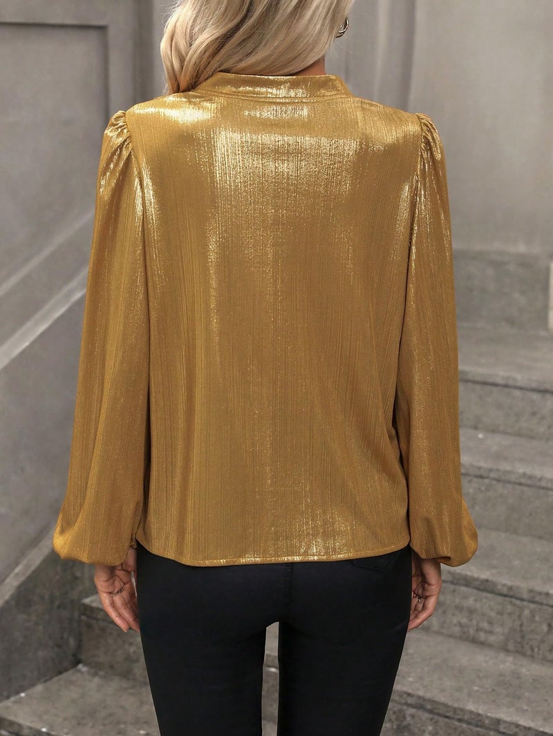Floerns Women's Lantern Long Sleeve Notched Neck Metallic Party Blouse Top Gold L - Image 2