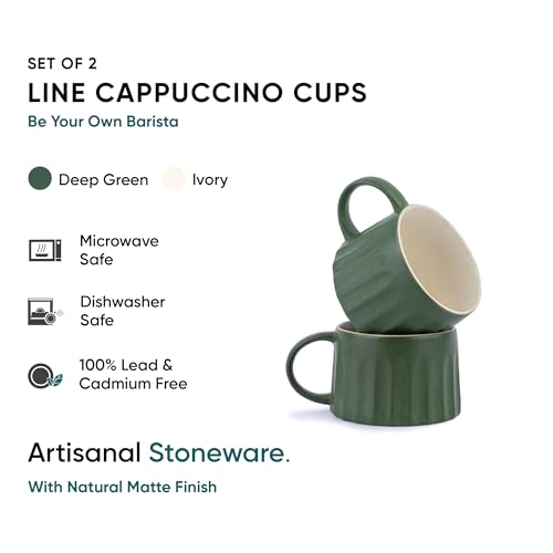 Shay Ceramic Line Cappuccino Cup, Set of 2, Rustic Green, 300ml | Cappuccino Cup | Matte Finish | Large Cup for Coffee | Premium Stoneware Coffee Cup | Microwave Safe (Line Cappuccino - Rustic Green) - Image 2