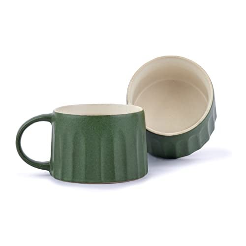 Shay Ceramic Line Cappuccino Cup, Set of 2, Rustic Green, 300ml | Cappuccino Cup | Matte Finish | Large Cup for Coffee | Premium Stoneware Coffee Cup | Microwave Safe (Line Cappuccino - Rustic Green) - Image 1