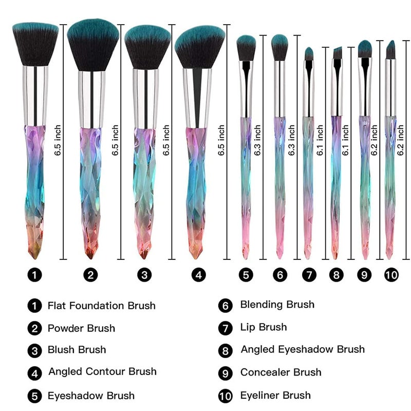 Foxelli Makeup Brushes Eye Shadow Highlight Blue Unicorn Brush Kit For Concealer Cosmetic Brush Set Crystal Handle Colorful Professional Diamond Cosmetic Brush Set For Kabuki Concealer Face Powder Crystal - Image 3