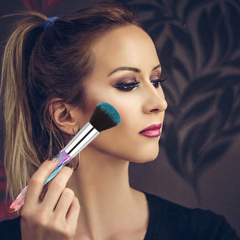 Foxelli Makeup Brushes Eye Shadow Highlight Blue Unicorn Brush Kit For Concealer Cosmetic Brush Set Crystal Handle Colorful Professional Diamond Cosmetic Brush Set For Kabuki Concealer Face Powder Crystal - Image 4