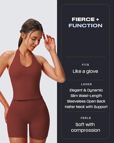 Aoxjox Women's Sleeveless Hailey Halter Tank Tops Workout Athletics Gym Yoga Curve Longline Crop Top (Burgundy, Small) - Image 2