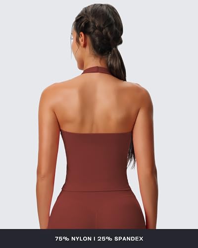 Aoxjox Women's Sleeveless Hailey Halter Tank Tops Workout Athletics Gym Yoga Curve Longline Crop Top (Burgundy, Small) - Image 3