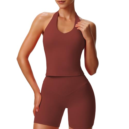 Aoxjox Women's Sleeveless Hailey Halter Tank Tops Workout Athletics Gym Yoga Curve Longline Crop Top (Burgundy, Small) - Image 1