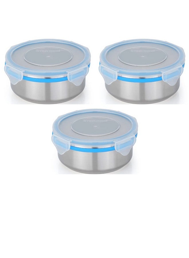 STEELLOCK Stainless Steel Container/Dabba with 4 Side Clip Lock see through Lid for Office & School Use/Food Grade/Air Tight/Easy to Carry/Leak Proof (SL-1301-3pcs X 450 ml, Blue) - Image 1