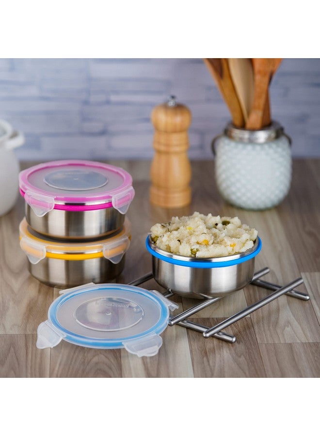 STEELLOCK Stainless Steel Container/Dabba with 4 Side Clip Lock see through Lid for Office & School Use/Food Grade/Air Tight/Easy to Carry/Leak Proof (SL-1301-3pcs X 450 ml, Blue) - Image 2