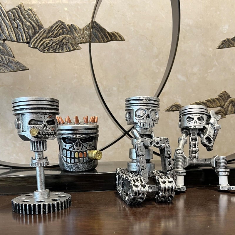 Yurtziru 1Pcs Carved Piston Skull Face Sculpture Skull Face Art Statue Resin Statue Gear Base Car Enthusiast Office Home Decoration (Style 3) - Image 4