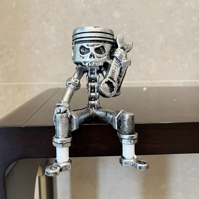 Yurtziru 1Pcs Carved Piston Skull Face Sculpture Skull Face Art Statue Resin Statue Gear Base Car Enthusiast Office Home Decoration (Style 3) - Image 3