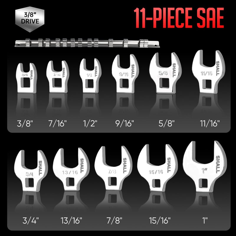 SHALL 3/8" Crows Foot Wrench Set, 11-Piece SAE Crowfoot Wrench Set with Clip-on Organizer, 3/8"-1", Tools for Mechanics, Access Fasteners in Tight Spaces - Image 2
