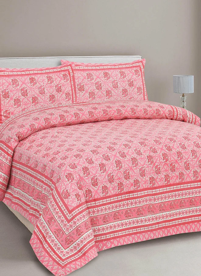 CLOTHOLOGY CLOTHOLOGY Pink Ethnic Motifs Pure Cotton 180 TC King Fine Bedsheet with 2 Pillow Covers