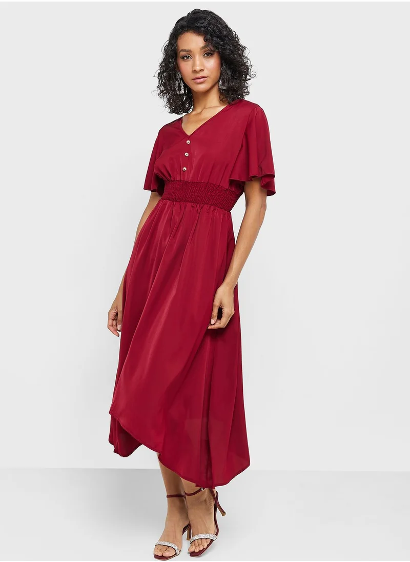 ELLA V Neck Pleat Detail Dress