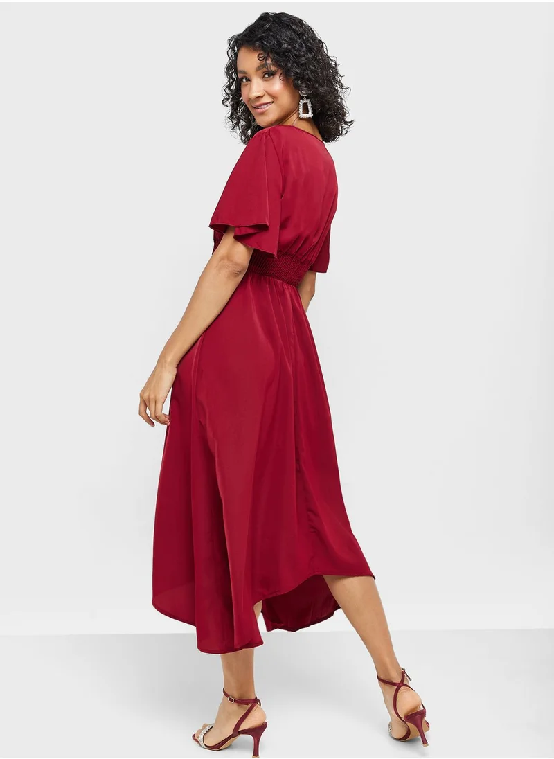 ELLA V Neck Pleat Detail Dress