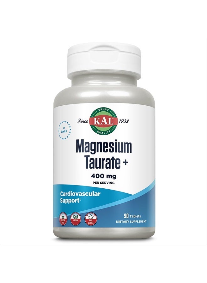 KAL Magnesium Taurate 400mg Plus CoEnzyme Vitamin B6, Chelated Magnesium Supplement, Healthy Muscle Function, Nerve and Heart Health Support, Gluten Free, Vegan, 60-Day Guarantee, 45 Serv, 90 Tablets - Image 1