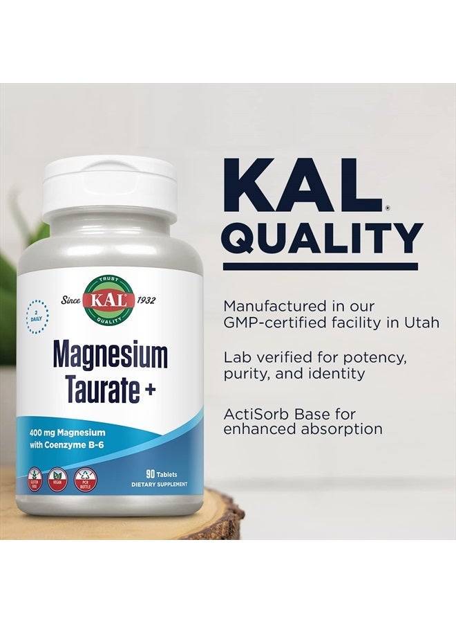 KAL Magnesium Taurate 400mg Plus CoEnzyme Vitamin B6, Chelated Magnesium Supplement, Healthy Muscle Function, Nerve and Heart Health Support, Gluten Free, Vegan, 60-Day Guarantee, 45 Serv, 90 Tablets - Image 4