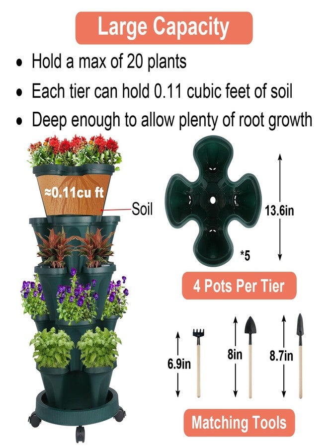 GameXcel Vertical Planter 5 Tier Stackable Planters Garden Planters Strawberry Herb Flower and Vegetable Planter Indoor Outdoor Gardening Pots with Removable Wheels and Tools - Image 5