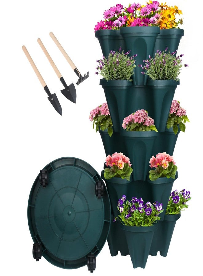 GameXcel Vertical Planter 5 Tier Stackable Planters Garden Planters Strawberry Herb Flower and Vegetable Planter Indoor Outdoor Gardening Pots with Removable Wheels and Tools - Image 1