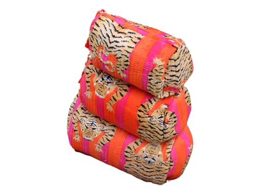 INDACORIFY Tiger Print Makeup Bag Set of 3 Pieces Indian Cotton Toiletry Bag Make up Pouch Travel Bag Quilted Wash Bag Shaving Cotton Cosmetic Kit - Image 1