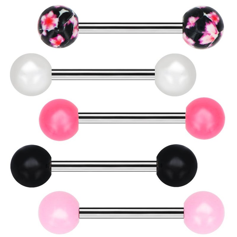 COCHARM 5Pcs Cute Plastic Tongue Rings 14g Pink Black Acrylic Tongue Piercing Jewelry Pearl Kawaii Tongue Barbell for Women