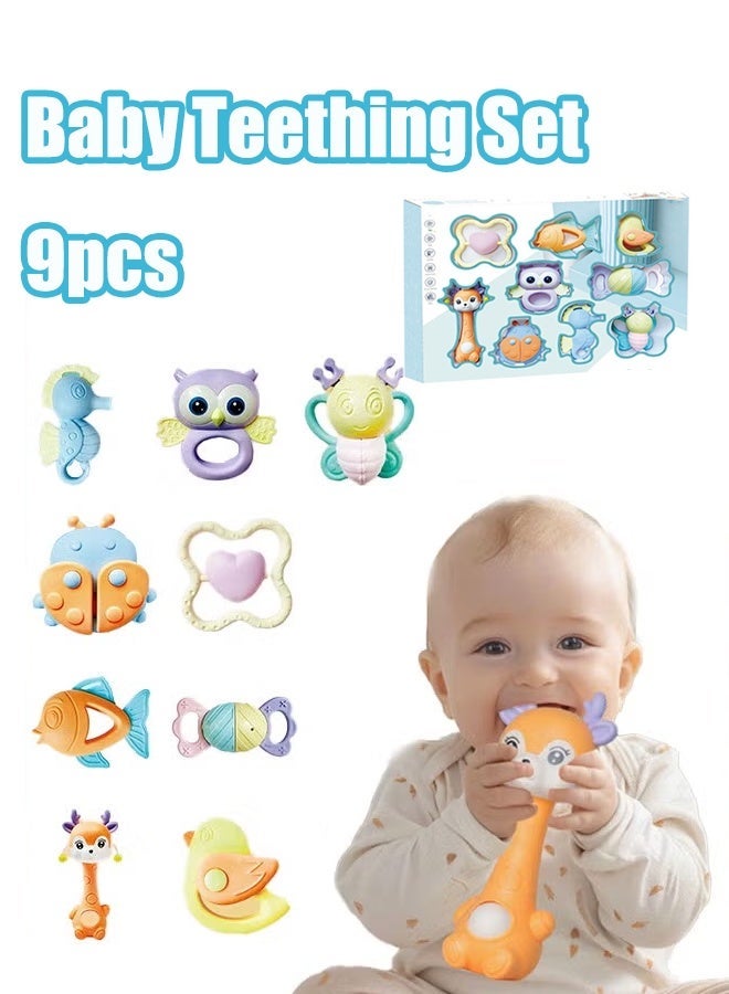 Aissiora 9-piece baby teething toy set, teething rattle toy, relieves teething discomfort, helps develop grasping skills, early education toy. - Image 1