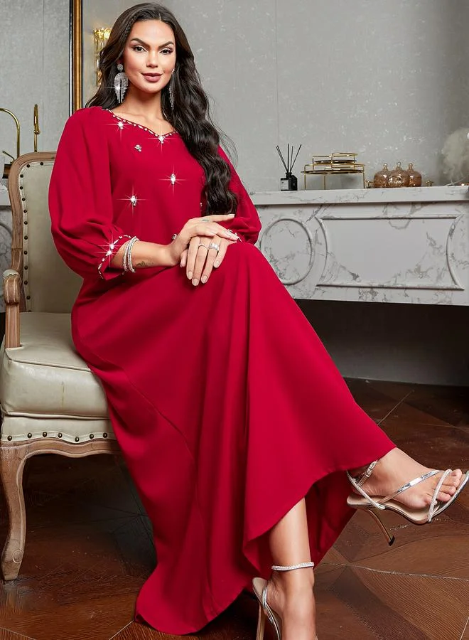 تايك تو Women Red Rhinestone Embellished Jalabiya