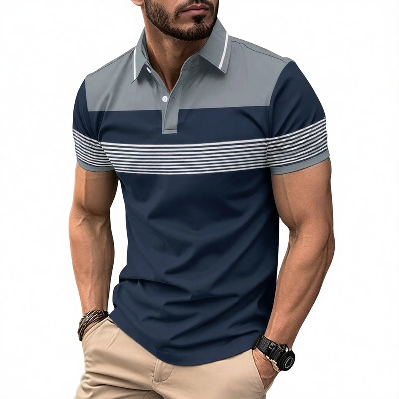 Men's Digital Print Button-Down Collar Business Casual T-Shirt - Image 1