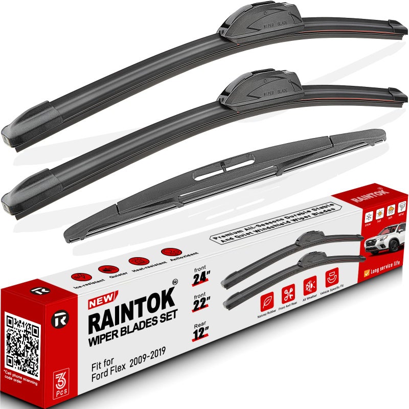 RAINTOK Windshield Wiper Blades Replacement for Ford Flex 2009 2010 2011 2012 2013 2014 2015 2016 2017 2018 2019 Original Factory Quality Front Rear Wipers Blade Set 24 22 12 Pack of 3