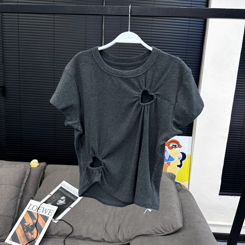 [] Vc Hollow Design Love T-Shirt Two-Color Joker Casual Korean Women - Image 1