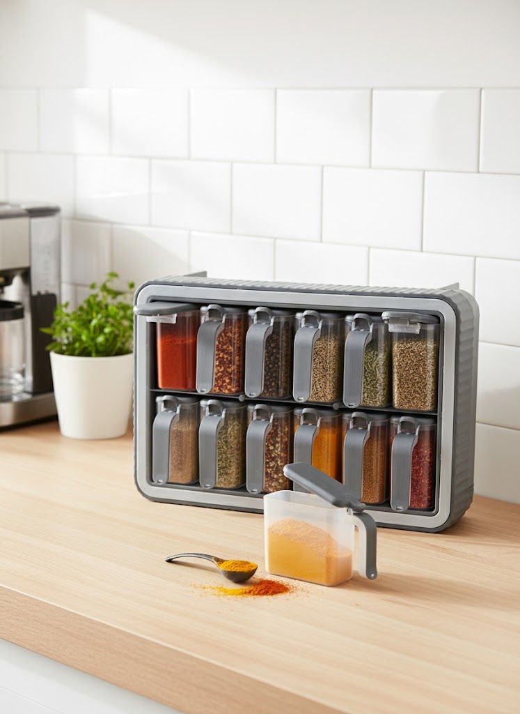 Baroness Plastic Spice Jars Set 12 Pieces with Rack Grey Black Made in Turkey Kitchen Storage Containers for Home Daily Use Cooking Organization - Image 1