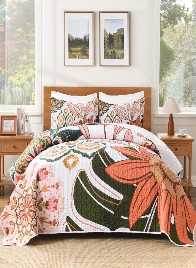 Andency Floral Boho California King Quilt Bedding Set Pink, 3 Pieces Farmhouse Flower Botanical Summer Bedspreads with 2 Shams, Soft Reversible Lightweight Microfiber Coverlet Set, 104"x112" - Image 2