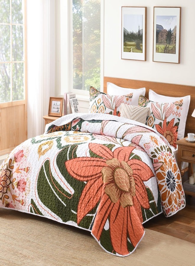 Andency Floral Boho California King Quilt Bedding Set Pink, 3 Pieces Farmhouse Flower Botanical Summer Bedspreads with 2 Shams, Soft Reversible Lightweight Microfiber Coverlet Set, 104"x112" - Image 1