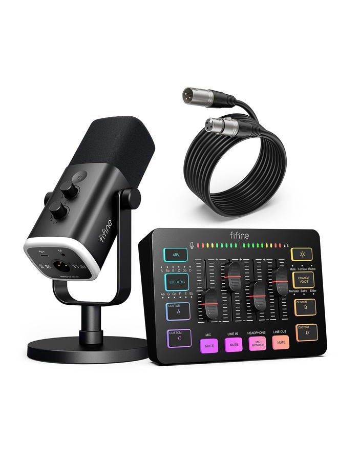 FIFINE حزمة معدات الألعاب، مجموعة ميكروفون ديناميكي XLR/USB مع خلاط صوت للبث لتسجيل البودكاست والفيديو، مجموعة لاعب RGB مع مفتاح التحكم في الصوت/واجهة XLR لجهاز الكمبيوتر - AmpliGame KS5 - Image 1