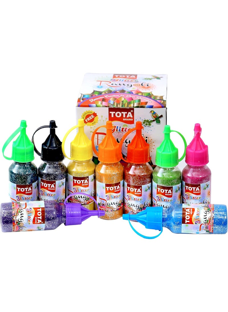 TOTA Rangoli Colour Powder Bottles for Floor, Home Decor, Diwali decoration, Pooja, Art and Craft Set of 8 Different Glitter Rangoli Colors in Squeeze Bottle with 1 Free Special Black Colour - Image 2