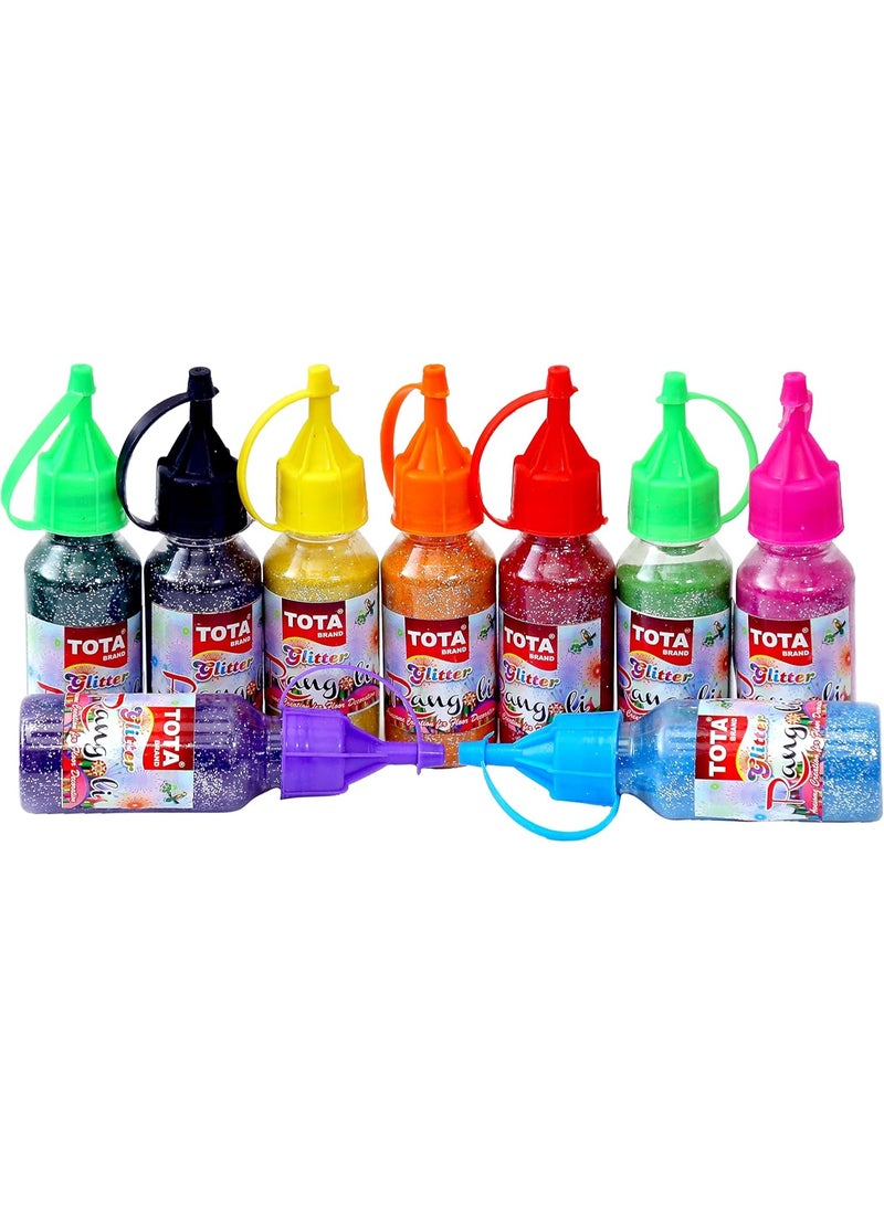 TOTA Rangoli Colour Powder Bottles for Floor, Home Decor, Diwali decoration, Pooja, Art and Craft Set of 8 Different Glitter Rangoli Colors in Squeeze Bottle with 1 Free Special Black Colour - Image 4