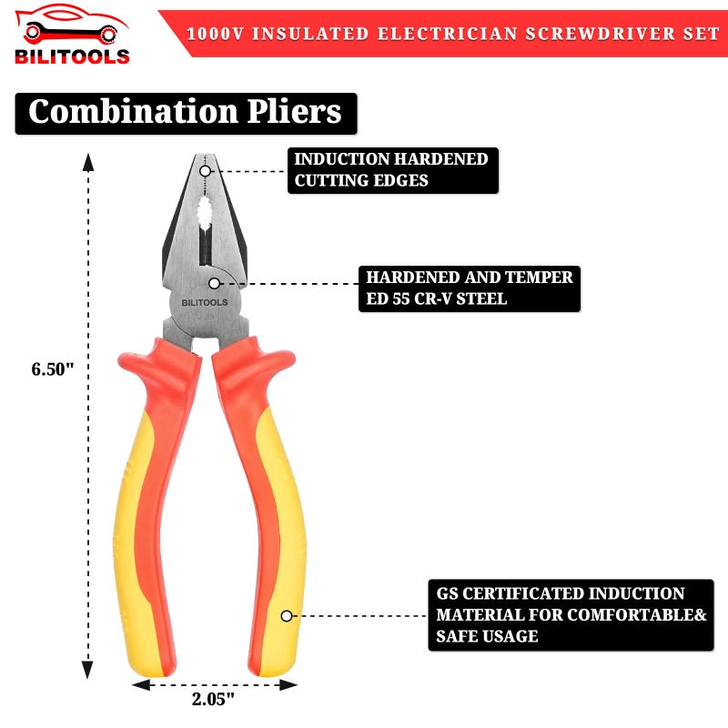 BILITOOLS 1000V Insulated Electrician Screwdriver & Pliers Set - 7pcs Electrical Tools Kit with Magnetic Phillips, Slotted Screwdrivers, VDE & GS Certified - Image 4