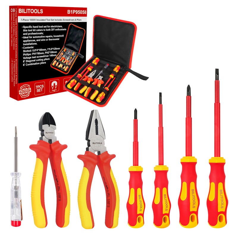 BILITOOLS 1000V Insulated Electrician Screwdriver & Pliers Set - 7pcs Electrical Tools Kit with Magnetic Phillips, Slotted Screwdrivers, VDE & GS Certified - Image 1