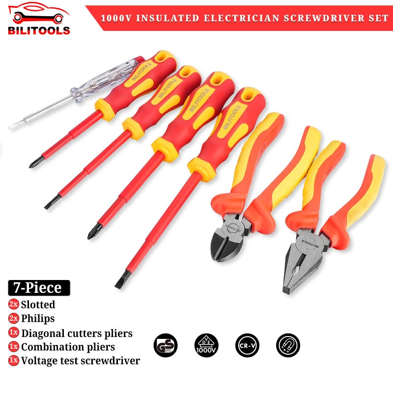 BILITOOLS 1000V Insulated Electrician Screwdriver & Pliers Set - 7pcs Electrical Tools Kit with Magnetic Phillips, Slotted Screwdrivers, VDE & GS Certified - Image 2