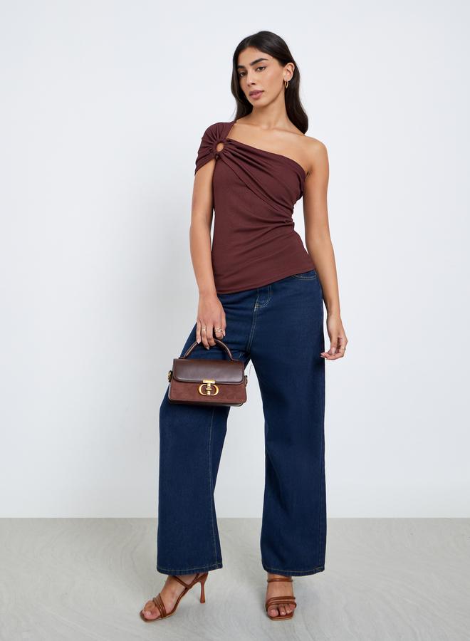Styli Brown One-Shoulder Knit Top - Image 2